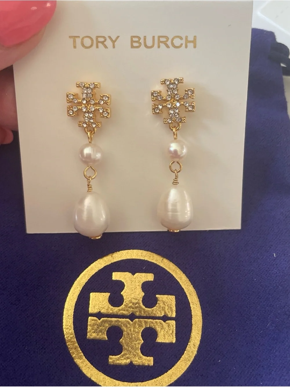 Tory Burch Gold Logo Drop Earrings with White Pearls